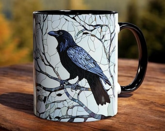 Stained Glass Crow Mug, 11oz Ceramic Bird Coffee Mug for Bird Lovers & Crow Enthusiasts, Unique Crow Art Gift, Bird Watcher Gift, Crow Gift