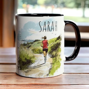 Personalized Runner Mug, Ceramic Sports Fan Coffee Mug 11oz, Female Custom Name Running Mug, Personalised Gift for Runners & Fitness Lovers