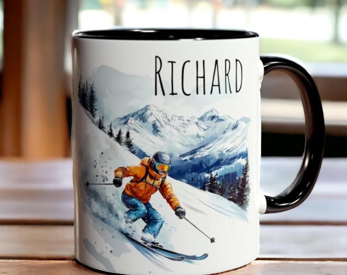 Custom Skiing Mug, 11oz Ceramic Ski Mug with Name, Personalized Winter Sports Gift for Ski Lovers, Snow Ski Coffee Mug, Ski Fan Name Gift