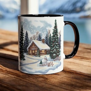 Winter Snowy Scene Mug, 11oz Ceramic Cabin Coffee Mug, Cozy Winter Wonderland Landscape Cup, Gift for Winter Lover, Christmas & Holiday Gift