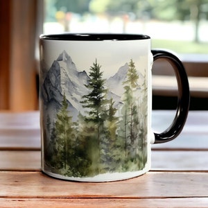 Mountain Landscape 11oz Mug - Serene Pine Tree Forest Ceramic Cup, Mountain Coffee Mug, Forest Cup, Gift for Hikers, Nature Scene Mug