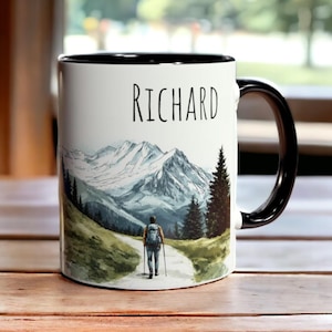 Personalized Hiker Mug, Custom Name Ceramic Hiking Coffee Mug, Mountain Landscape Tea Cup, Personalised Gift for Hikers & Nature Lovers