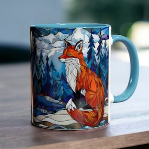 Snowy Fox Mug, Ceramic Fox Coffee Mug, 11oz Stained Glass Style Ceramic, Mountain Forest Animal, Fox Cup, Gift for Fox Lovers, Fox Gift
