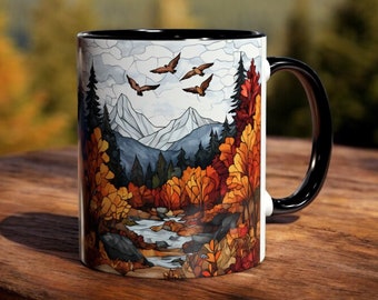 Stained Glass Autumn Landscape Mug, Fall Forest Coffee Cup 11, Mountain Landscape Nature Lover Gift, Unique Autumn Cup, Autumn Lover Gift