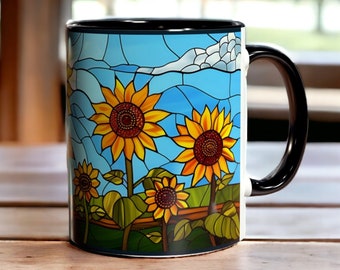 Stained Glass Sunflower Mug, 11oz Ceramic Floral Coffee Mug, Unique Sunflower Art Mug, Nature Lover Gift, Sunflower Kitchen Decor