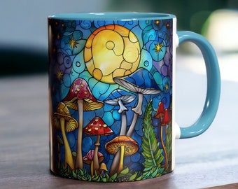 Mug champignon lune, forêt mystique 11 oz, mug art nature psychédélique, mug magique pleine lune en céramique, cadeau amateur de champignons fantastiques