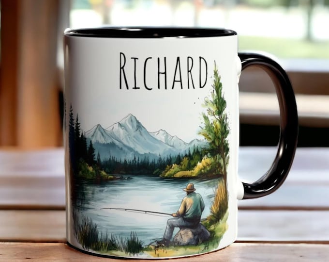 Personalized Fishing Mug, 11oz Ceramic Fisher Coffee Mug with Name, Custom Name Fishing Coffee Cup, Outdoor Lover Gift, Fisherman Gift