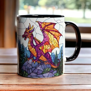 Dragon Mug, Ceramic Dragon Coffee Mug 11oz, Stained Glass Dragon Art, Dragon Tea Cup, Fantasy Mug, Dragon Lover Gift, Fantasy Gift