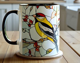 Taza de café con jilguero, taza de vitral con pájaro, taza de cerámica con arte de jilguero, regalo para amantes de las aves, taza de café con naturaleza, taza de vida silvestre