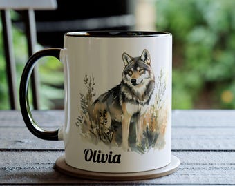 Personalisierte Wolf-Tasse, individuelles Name Wolf Geschenk, Aquarell Wolf-Kaffeetasse, Wildtier-Keramik-Tasse, Geburtstagsgeschenk für Wolf-Liebhaber