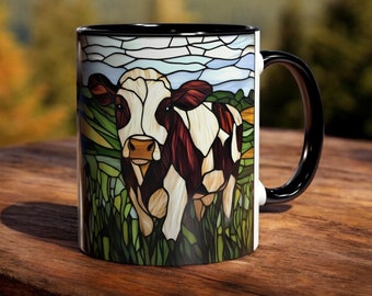 Taza de vaca, taza de café de cerámica con diseño de vaca de 325 ml, taza de ganado, taza de té con animales de granja en vitral, taza de granja, regalo único con diseño de vaca, regalo para amantes de las vacas.