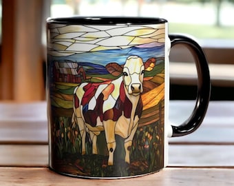 Taza de vaca de vitral, taza de café de cerámica con forma de vaca de 325 ml, taza estilo granja, taza de café con diseño de animales de granja, taza rústica con temática de la vida en la granja, regalo para amantes de las vacas, regalo para granjeros