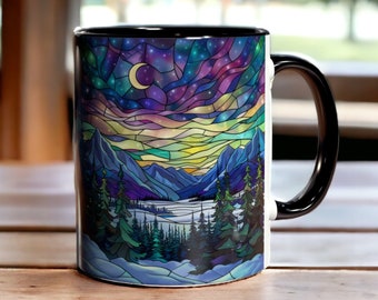 Aurora Borealis Mug, Ceramic Northern Lights Cup, Scenic Mountain Forest Aurora Mug, Actic Mug, Astronomy Gift, Northern Lights Gift
