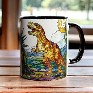 T-Rex Mug, Stained Glass Dinosaur Coffee Cup, Prehistoric Art Mug, Tyrannosaurus Gift, Colorful Dino Mug, Jurassic Office Mug 11oz Ceramic