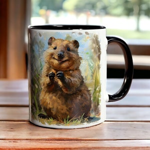 Fröhliche Quokka Kaffeetasse, 11 Unzen Keramik Quokka Becher, australische Tier Teetasse, niedliche Quokka Kunst, Quokka Tasse, Geschenk für Quokka Liebhaber