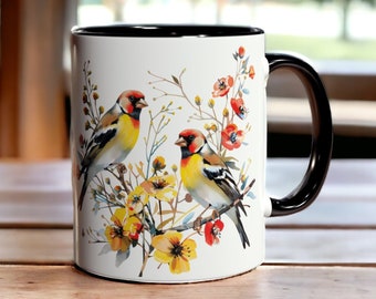 Taza de jilguero, taza de café de cerámica de 325 ml con ilustración de jilguero y flor, taza de pájaro, regalo para amantes de las aves, regalo para observadores de aves
