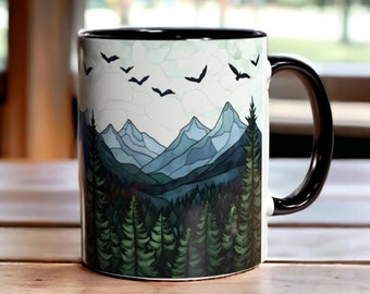 Bergwald Becher, Stimmungsvolle Landschaftskaffeetasse, Abenteuer Natur Geschenk, Waldliebhaber Becher, Evergreen Malerischer Becher, 11 Unzen Keramik Rustikale Teetasse