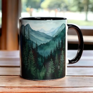 Forest Landscape Mug, Evergreen Tree Ceramic Cup 11oz, Landscape Mug, Mountain Mug, Evergreen Woodland Cup, Nature Lover Gift, Outdoor Gift