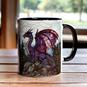 Fantasy Dragon Mug, Stained Glass Dragon Coffee Cup 11oz, Purple Dragon Art Gift, Mythical Creature Mug, Fantasy Lovers Gift, Dragon Gift