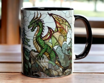 Groene draak mok, keramische draak koffiemok 11oz, glas-in-lood draak theekop, mok met drakenthema, fantasiekop, draak cadeau, fantasie cadeau