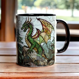 Green Dragon Mug, Ceramic Dragon Coffee Mug 11oz, Stained Glass Dragon Tea Cup, Dragon Themed Mug, Fantasy Cup, Dragon Gift, Fantasy Gift