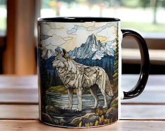 Mug loup, vitrail forêt 11 oz, tasse à café faune, cadeau pour amoureux de la nature, tasse en céramique loup des montagnes, cadeau pour amoureux des loups, animal de la forêt