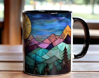 Stained Glass Moon Mountain Mug, Night Sky Mug, Nature Lover Gift, Mountain Coffee Mug, Forest Mug, Wilderness Gift, Hiking Lover Mug
