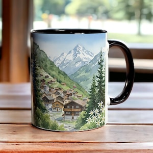 Swiss Alps Mug 11oz, Alpine Village Coffee Cup, Mountain Scene Souvenir, Nature Lover Gift, Switzerland Travel Mug, Scenic Ceramic Cup