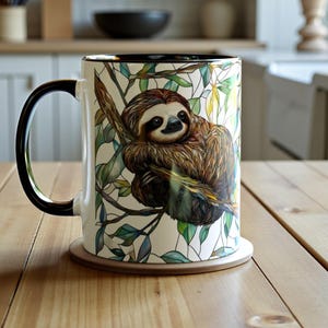 May include: White ceramic mug with a black handle and rim, featuring a detailed illustration of a sloth hanging from a tree branch. The sloth is brown and the leaves are green and yellow. The mug sits on a brown coaster.