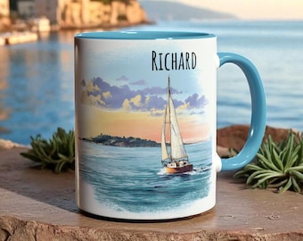 Personalized Sailboat Mug, Custom Name Nautical Coffee Cup, 11oz Sailing Gift, Coastal Ocean Mug, Boating Lover Gift, Seaside Tea Cup