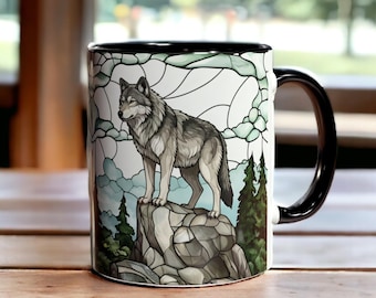 Mug loup 11 oz, tasse à café en vitrail loup, cadeau pour amoureux des animaux sauvages, mug nature forêt, verres en céramique art loup