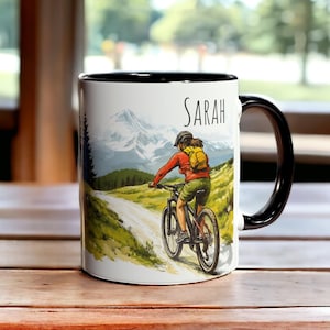 Mountain Bike Mug with Name 11oz, Women Cyclist Gift, Personalized MTB Coffee Cup, Outdoor Adventure Mug, Female Biker Present, MTB Mug