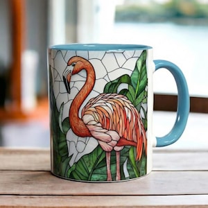 Flamingomugg i målat glas, kaffekopp med tropisk fågel, keramikmugg med rosa flamingo, färgglad djurkonstmugg i present