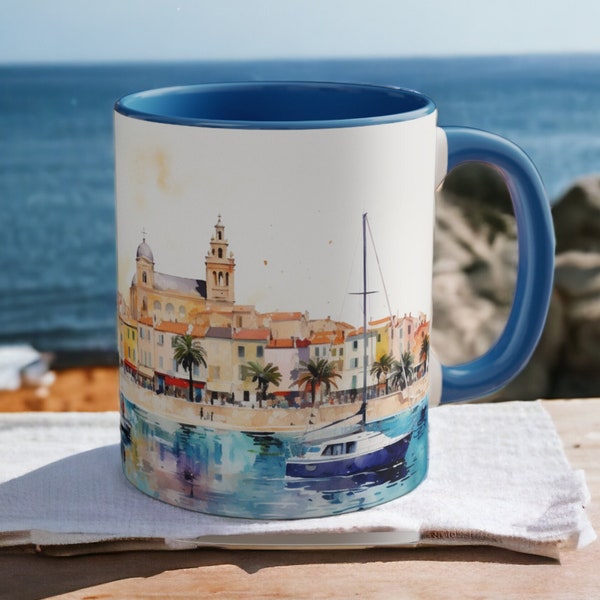 Charming South of France Mug - 11oz Ceramic with Coastal Watercolor Scene, French Mug, France Mug, Seaside Mug, Riviera Style Mug