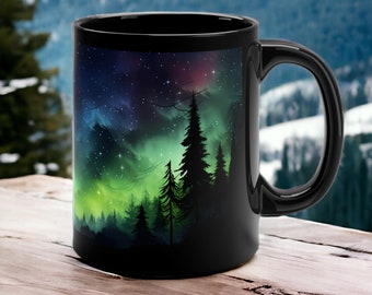 Northern Lights Mug 11oz, Aurora Borealis Coffee Mug, Night Sky Forest Ceramic Mug, Celestial Nature Gift