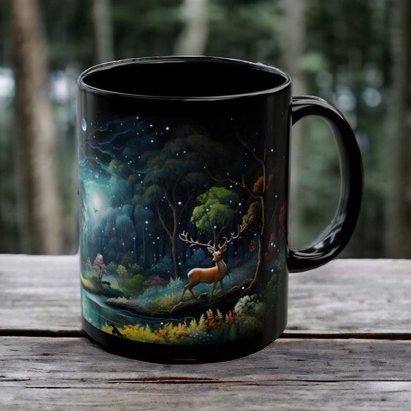 Moonlit Forest Mug, Deer Mug, Mystic Forest, Enchanted Forest Mug, Woodland Mug, 11oz Ceramic Mug, Nature Lover Mug, Woodland Black Tea Cup