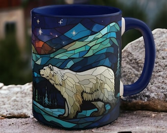 Starry Night Polar Bear Mug - Stained Glass Style, Polar Bear Coffee Mug, Starry Night Sky Cup, Winter Forest Mug, Polar Bear Lover Gift