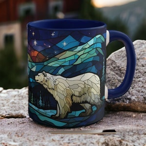 Taza Oso Polar Noche Estrellada - Estilo Vitral, Taza de Café Oso Polar, Taza Cielo Estrellado, Taza Bosque Invernal, Regalo para Amantes de los Osos Polares