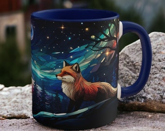 Starry Night Fox Mug - Winter Woodland Ceramic Cup in Stained Glass Design, Fox Coffee Cup, Starry Sky Mug, Forest Animal Mug, Fox Gift