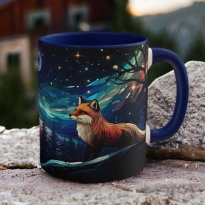 Mug renard nuit étoilée - Coupe hivernale en céramique des bois dans un design vitrail, tasse à café renard, tasse ciel étoilé, tasse animal de la forêt, cadeau renard
