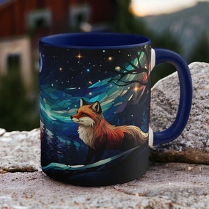 Starry Night Fox Mug - Winter Woodland Ceramic Cup in Stained Glass Design, Fox Coffee Cup, Starry Sky Mug, Forest Animal Mug, Fox Gift