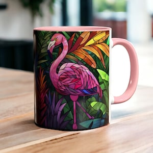 Elegant Pink Flamingo Mug, Stained Glass Flamingo Coffee Cup, 11oz Ceramic Bird Cup, Gift for Flamingo Lovers, Unique Flamingo Kitchen Decor
