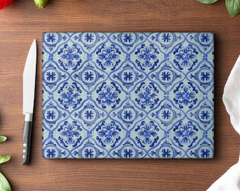 Portugalska deska do krojenia z płytek szklanych, niebieskie dekoracje kuchenne azulejo, śródziemnomorska deska do krojenia, taca ceramiczna w stylu portugalskiej kuchni