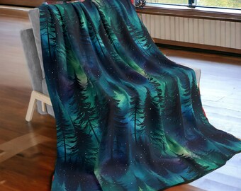 Aurora Forest Fleece Blanket - Forest Sherpa Fleece Blanket, Northern Lights Throw, Winter Winter Throw, Aurora Blanket, Cabin Home Decor