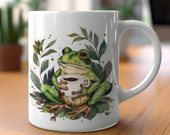 Green Frog Coffee Mug - 11oz Ceramic Cup with Coffee-Drinking Frog Art, Frog Mug, Frog Cup, Frog Coffee Cup, Frog Gift, For Frog Enthusiasts