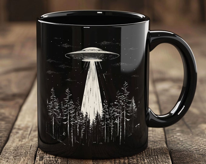 UFO Coffee Mug, Black UFO Mug, UFO Over Forest Ceramic 11oz, Alien Coffee Cup, Space Cup, Alien Gift, Sci-Fi Mug, Gift for Sci-Fi Lovers