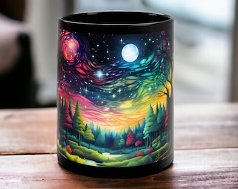 Colorful Starry Sky Mug - Colorful Forest Ceramic Mug, Vibrant Starlit Treescape, Celestial Mug, Colorful Mug, Night Forest Coffee Cup