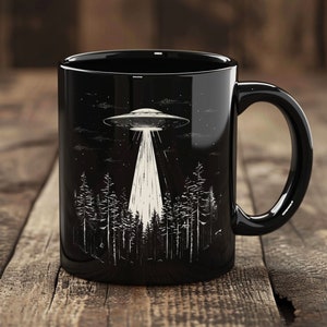 UFO Coffee Mug, Black UFO Mug, UFO Over Forest Ceramic 11oz, Alien Coffee Cup, Space Cup, Alien Gift, Sci-Fi Mug, Gift for Sci-Fi Lovers