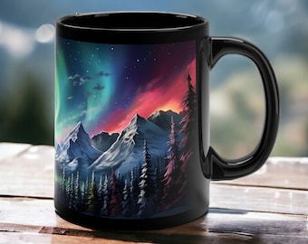 Northern Lights Mug, Aurora Borealis Mug, Aurora Mug, Starry Night Sky Ceramic Mug, Nature Mug, Winter Landscape Coffee Cup, Mountain Mug