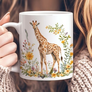 Floral Giraffe Mug, Cute Giraffe Flowery Cup, 11oz Ceramic Giraffe Coffee Cup, Gift for Giraffe Lovers, Unique Animal Lover Drinkware